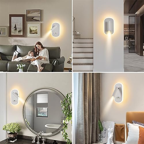 LED Reading Lamp with Switch, USB Charging Port + Type C Reading Light, 3W 3000K+9W 6000K Rotatable Wall Light for Reading, Indoor Inblack Wall Lighting, Night Lamp Bedroom Hotel