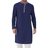 Runcati Mens Cotton Kaftan Robe Long Sleeve Button Down Henley Shirts Thobe Casual Side Split Gown Shirt