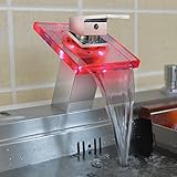 Harrahs 1002 No Battery Water Power Waterfall Bathroom Sink Faucet Deck Mount Color Changing Light LED Glass Spout Chrome Finish