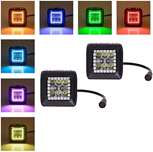 Nicoko 3x3 Inch Cree LED Work Light Bars 18 watts Multicolor with RGB Halo Ring Spot Beam Waterproof Off-Road Truck Car ATV SUV Boat 4WD ATV Auxiliary Driving Lamp Free Wiring Harness Pack 2