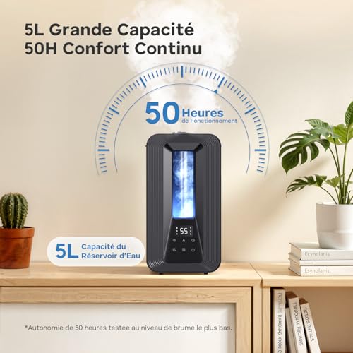 Humidificateur d'Air Chambre Top-Fill, 5L Ultrasonique Brume Froide avec Diffuseur Aromes, Hygrostat Intelligent, Veilleuse, 50H/25dB Silencieux pour Bureau Bébé Plantes