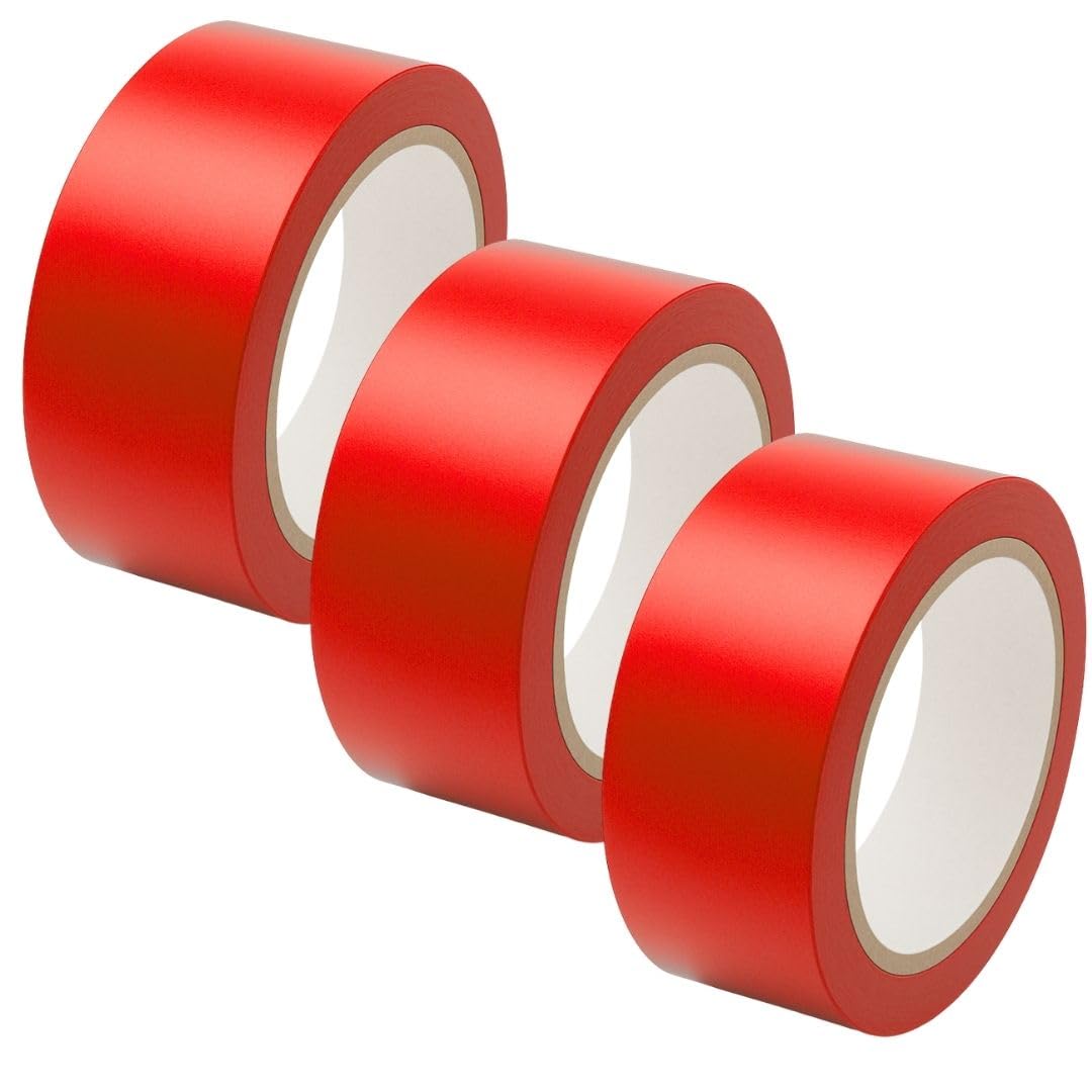 GTSE 50mm x 33m, Red, PVC Vinyl Floor Tape, 3 Rolls, Safety Marking Tape, 0.15mm Thick, Suitable for Dance Floors, Gyms, Warehouse, Sports Industry