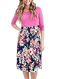 HOTAPEI Women's Casual 3 4 Sleeve Floral Round Neck Casual Flared Midi Dress Fuchsia Large