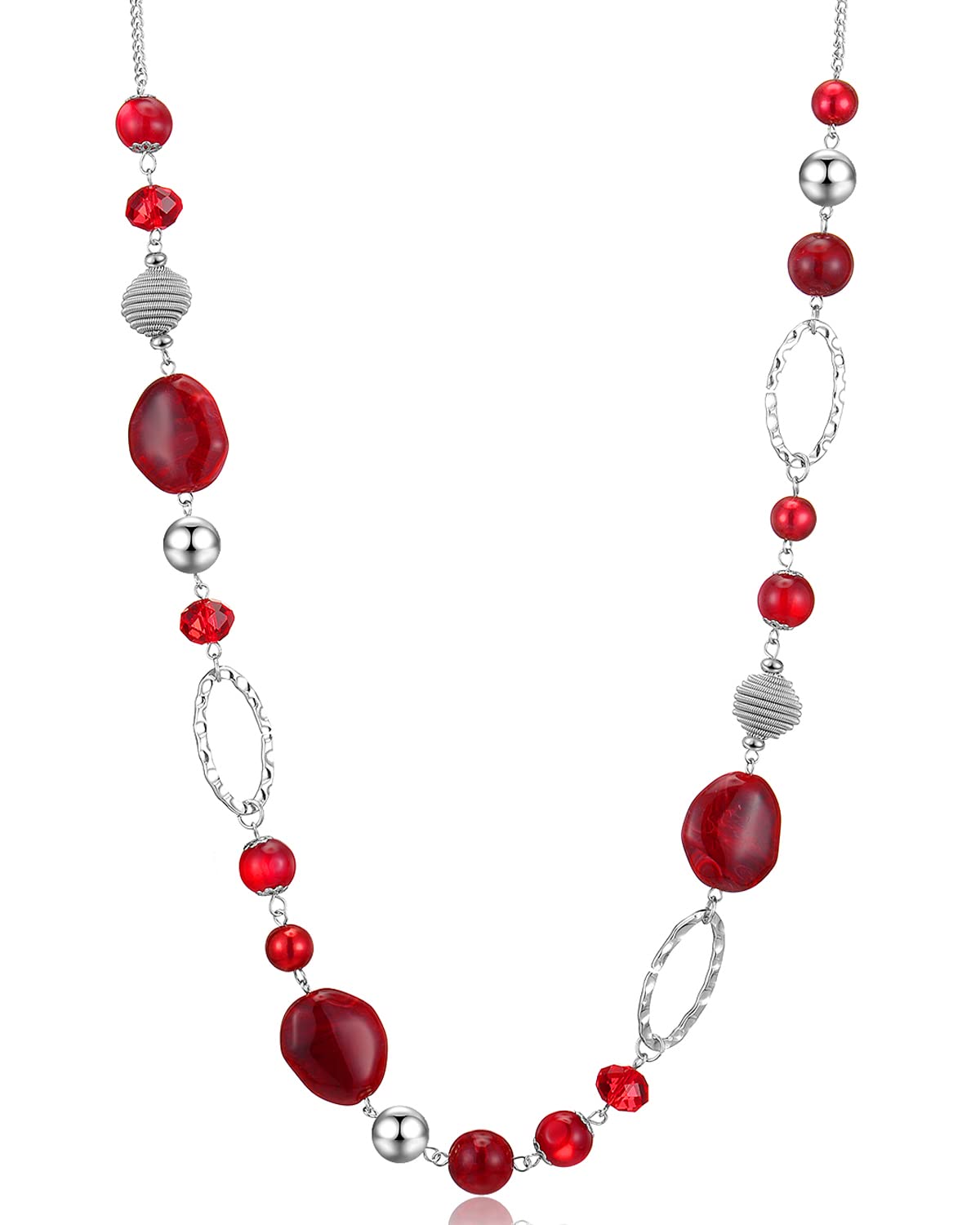 BULINLIN Beaded Long Silver Necklaces for Women, Handmade Statement Sweater Chain Necklace with Crystal Beads for Fashion Jewelry gifts(Red)
