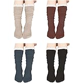Vpogn 4 Pack Women Cotton Knit Boot Socks Knee High Socks Stockings with Lace Trim (Beige, Dark Grey, Black, Brown)