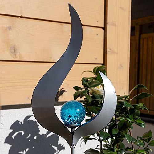 etc-shop LED Solar Außen Lampe Flammen Design silber Garten Beleuchtung Crackle Glas Kugel blau Terrassen Deko Leuchte – Bild 5