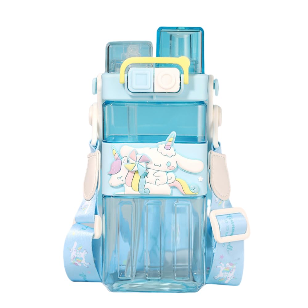 ISABELLA MOON Water Bottle Reusable Kids 520ml PP with Two Lids Leak Proof with straw Lid BPA Free Drinking bottle (Light Blue)