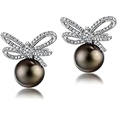 Lunar Belle Tahitian Black Pearl Knot Stud Earrings with Moissanite Bow Design in Sterling Silver, Chic Jewelry Gifts for Women (Tide Knot)