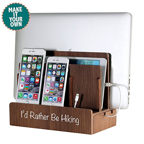 G.U.S. Personalized Monogrammed Multi-Device Charging Station Dock & Organizer - Multiple Finishes Available. For Laptops, Tablets, and Phones - Strong Build, Walnut