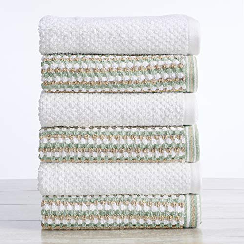 Great Bay Home 6-Piece Hand Towel Set. 100% Cotton Multi-Striped Bathroom Towels. Quick Dry and Absorbent Towels. Set Includes 6 Hand Towels. Milos Collection (6 Pack, Eucalyptus/Beige)