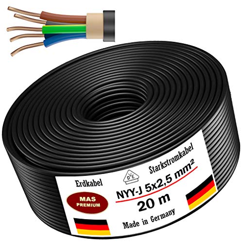 Erdkabel Stromkabel Von 5m bis 100m NYY-J 5x2,5 mm² Elektrokabel Ring zur Verlegung im Freien, Erdreich (20m)