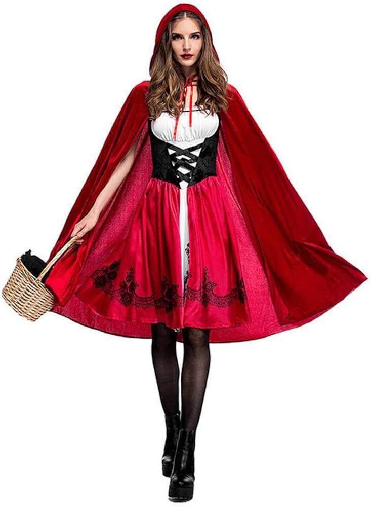 Women Little Red Riding Hooded Costume Halloween Party Robe Lady