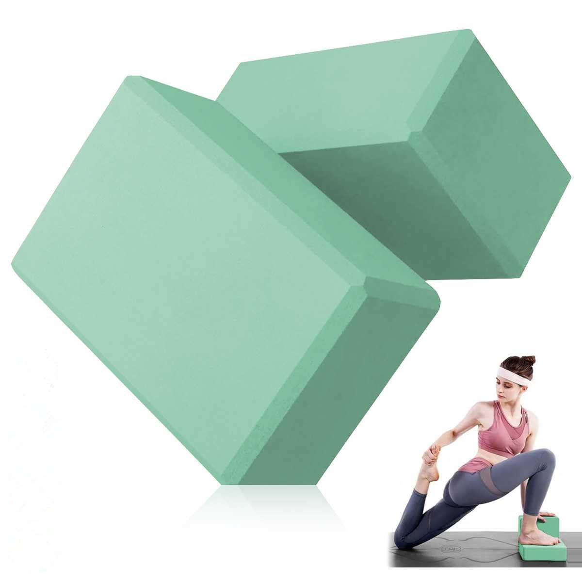 Yoga Blocks Set, LULUWA 2pcs EVA Foam Exercise Block with High Density & Non-slip for Improving Strength & Balance and Flexibility, Lightweight Pilates Brick for Fitness (Green, 23 x 15 x 7.7cm)