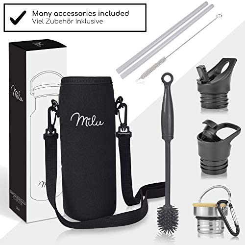 Milu Edelstahl Trinkflasche 500ml, 750ml, 1000ml (+3 Deckel) - Thermosflasche mit Strohhalm, Isolierte Wasserflasche, Auslaufsichere Isolierflasche doppelwandig, Kohlensäure geeignet (Schwarz, 750ml) – Bild 5