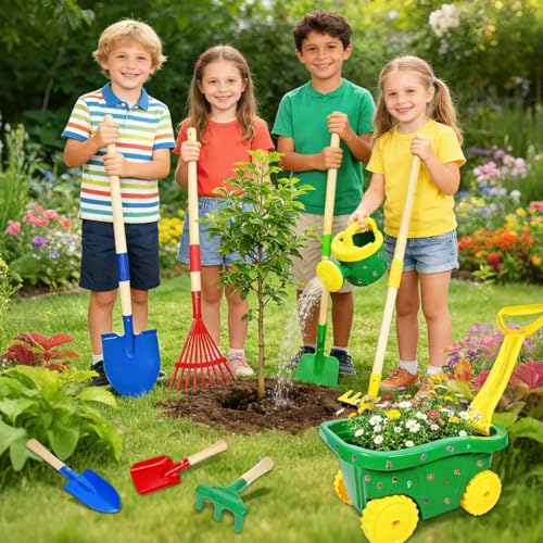 Wheelbarrow for Children, 13pcs Children's Wheelbarrow Set Gardening Set, Children's Garden Tools Set with Shovel, Broom, Rake and Leaf Rake, Sprayer Outdoor Sand Toys (B)