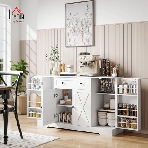 HOMCOM Farmhouse Sideboard Buffet Cabinet with Storage, 54" Coffee Bar Cabinet with 6 Door Shelves, Drawer, Adjustable Shelves and 4 Barn Doors, White