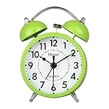 HENSE Classical Retro Twin Bell Mute Silent Quartz Movement Non Ticking Sweep Second Hand Bedside Desk Analog Alarm Clock with Nightlight and Loud Alarm HA01 (Green)
