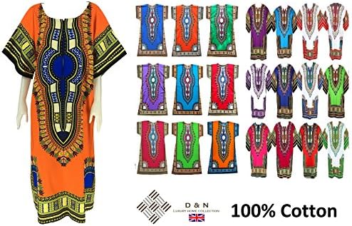 D & N Collection 100% Cotton Ladies Dashiki Long Maxi Dress Short Sleeve African Kaftan Mexican Long Top
