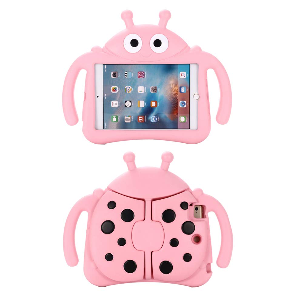 Tading Kids iPad Mini Case, Children Friendly EVA Foam Shockproof Kid Proof Handle Stand Bumper Cover for iPad Mini 1,2,3,4,5 [NOT FOR iPad Mini 6 2021], Cute Ladybug - Pink