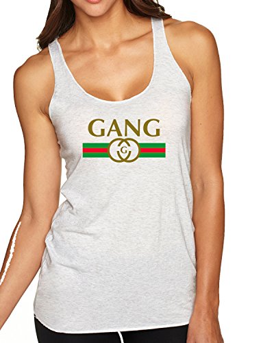 Gang Gucci Logo Parody | Womens Fashion Premium Tri-Blend Racerback Tank Top, Heather White, Medium