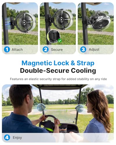 BOYISEN 2-Pack Golf Cart Fan with Mister, 2x Magnets & Secure Strap, 12000mAh Battery Operated Misting Fan with 4 Speeds, LED, Timer, Ideal for EZGO Club Car Yamaha, Golf Cart, Cruise Ship Accessories