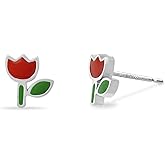 Boma Jewelry Sterling Silver Red & Green Resin Flower Stud Earrings