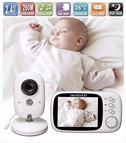 Lullaby Bay Video Baby Monitor with Camera. Anti-Hack Encryption. Wireless Digital 3.2 inch LCD Screen. Night Vision. Temperature Sensor. 2-Way Talk. Long Range. 8 Lullabies. Sound Activation.