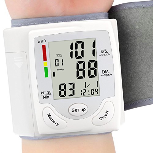 Wrist Blood Pressure Monitor, Digital BP Monitor with Memory Storage, Intelligent LCD Display Automatically Measure Pulse Diastolic Systolic and Shows Hypertension level