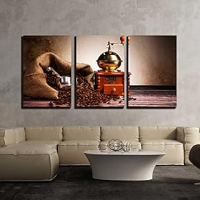 3 Piece Canvas Wall Art - Coffee Still Life with Wooden Grinder - Modern Home Art Stretched and Framed Ready to Hang - 16"x24"x3 Panels