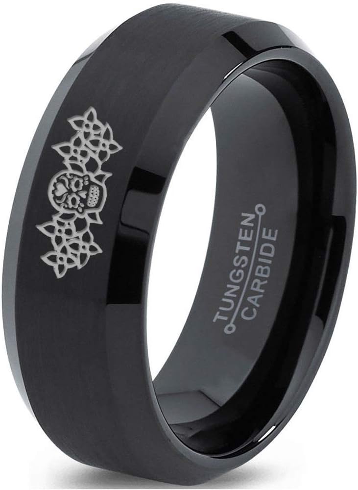 Dia De Los Muertos Day of The Dead Ring - Tungsten Band 8mm - Men - Women - 18k Rose Gold Step Bevel Edge - Yellow - Grey - Blue - Black - Brushed - Polished - Wedding - Gift Dome Flat Cut