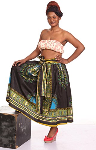 African Planet Womens Dashiki Wax Skirt Ghana Inspired Elasticized Knee Length Tie