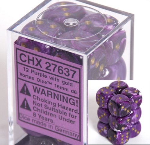 Chessex Dice d6 Sets: Vortex Purple with Gold - 16mm Six Sided Die (12) Block of Dice