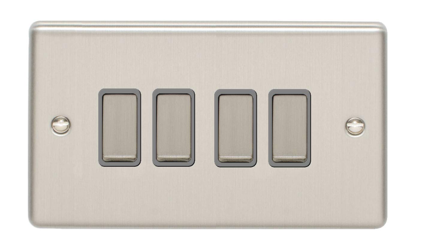 Eurolite Enhance Decorative 4 Gang Switch Satin Stainless Finish with Grey Trim, EN4SWSSG