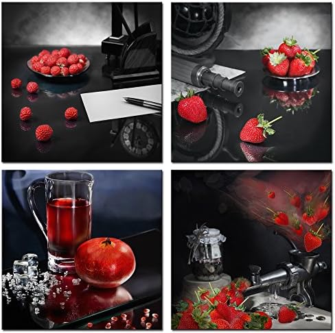 Sea Charm - Fruit Canvas Wall Art,Still Life with Strawberry and Pomegranate Juice Harvest Canvas Prints 4 Panels Wall Art with Inner Wood Frame,Modern Home Wall Decoration (12"x12"x4pcs)