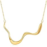 Beautitlry Chunky Gold Necklace for Women, 18K Gold Plated Geometric Dainty Wave Pendant Necklace Valentines Gift for Women