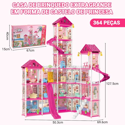 Casa de Boneca, 128cm*70cm*50cm, Casinha de Boneca, Castelo Da Princesa 364 Peças, 6º Andar, 19 Quartos, 2 Varandas com Pasto