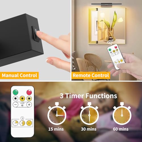 Bacane Picture Light, LED Battery Powered Painting Lamp with Remote Control, Wireless Art Light 3000K/4000K/6500K, 16inch, Portrait Lamp for Art Frames, Decorative Wall Lights (Black)