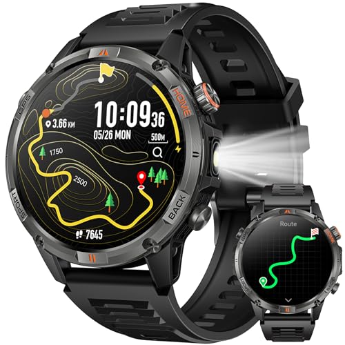 GPS Smartwatch Men's Watch with Calls: 1.46 Inches Large Round Screen Military Smart Watch Fitness Sport Compass Flashlight Heart Rate Monitor Pressure Sleep Waterproof Health Watches for Android iOS
