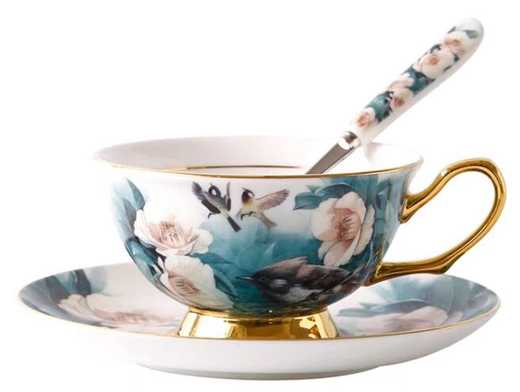 Eplze YBK Tech Euro Style Cup& Saucer Set, Bone China Teacup Coffee Cup for Breakfast Home Kitchen- Birds and Camellia Flowers Patterns (Turquoise)