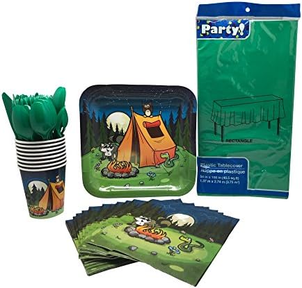 Camping Themed Party Supplies-Includes Camping Party Plates, Cups, Napkins, Cutlery, and Tablecloth