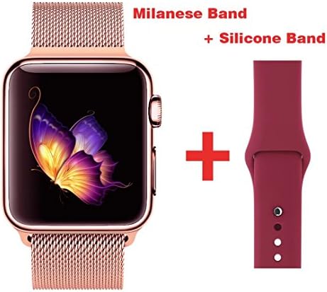 Greatou Band for Apple Watch Series 1 / 2 / 3,Milanese Mesh Stainless Steel Loop Wrist Strap Replacement Band with Adjustable Magnetic Closure & Rose Red Silicone Band for iwatch,42mm,Rose Gold