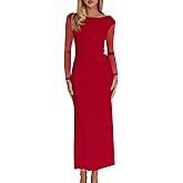 Nsbonu Women's Bodycon Ruched Mesh Long Sleeve Maxi Dress Sexy Elegant Cocktail Party Formal Long Dresses