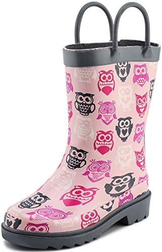 Puddle Play Children's Girls' Owl Printed Waterproof Easy-On Rubber Rain Boots (Toddler/Little Kids) 