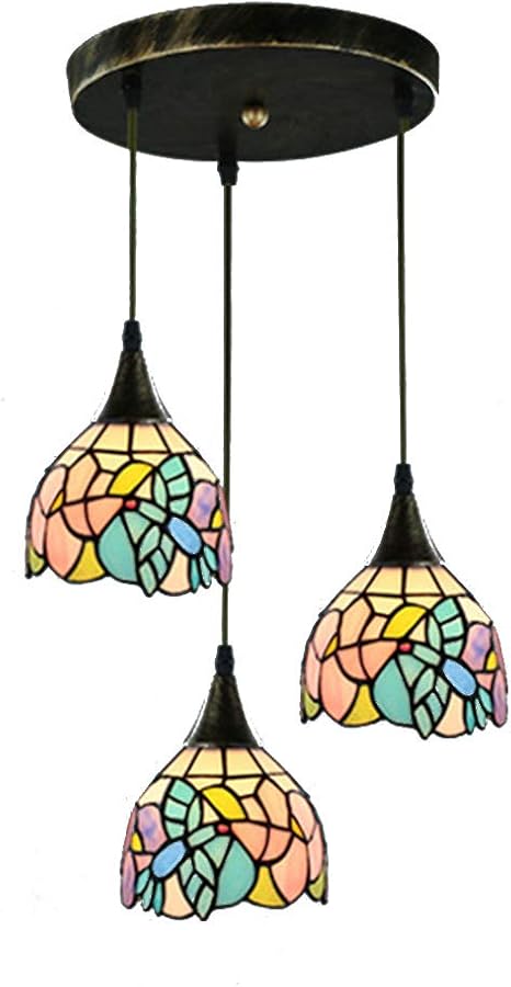 Amazon Co Jp Topdeng ステンド グラス風 3灯タイプ ペンダントライト E26 ハンギングライト と 色つき ガラス 手作り 吊り下げ照明 ため キッチン レストラン 円形 ホーム キッチン
