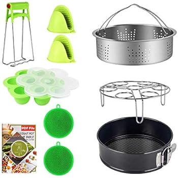 9 Piece Accessories Kits Compatible with Instant Pot 6, 8 Qt - Standard Stainless Steel Steamer Basket, Non-Stick Springform Pan, Egg Rack, Egg Bites Mold, Oven Mitts, Bowl Clip and Silicone Scrub Pad
