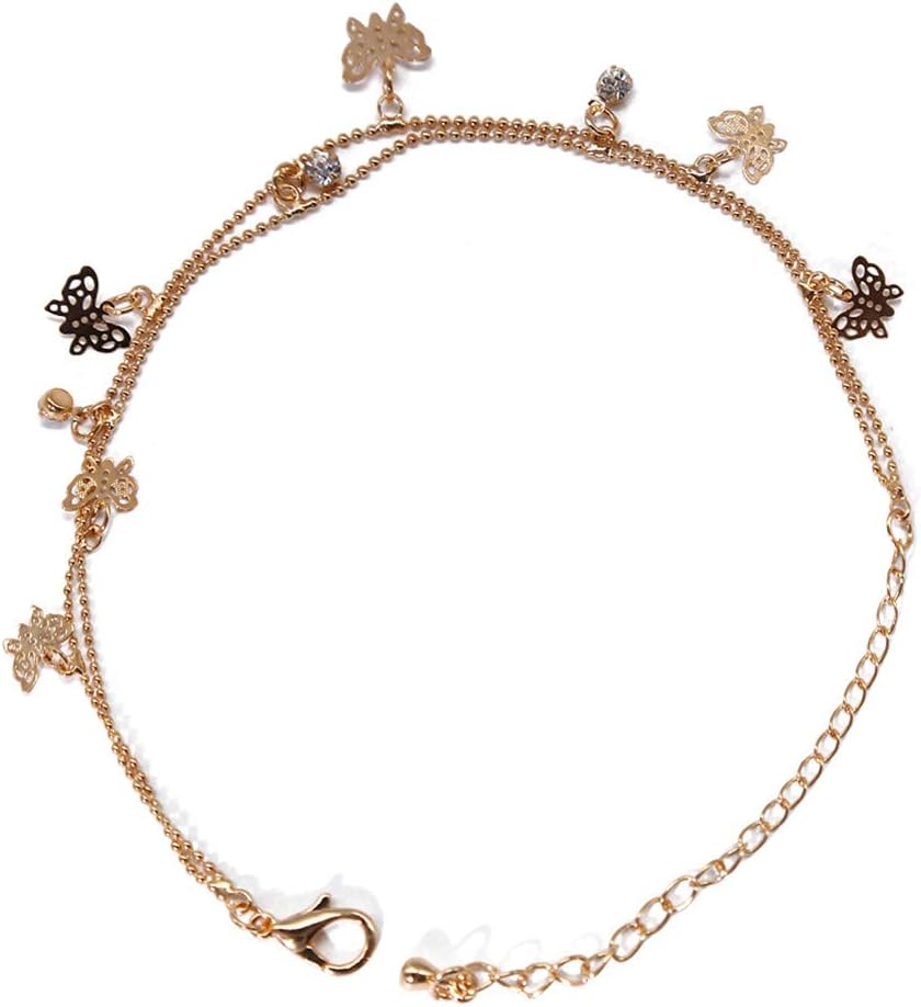 Hengxingwf Vintage Double Layer Butterfly Beads Chain Anklet Women Foot Jewelry Summer Barefoot Beach