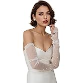 Eiaork Long Wedding Tulle Gloves - White Pearl Bridal Elbow Length Summer Fingerless Gloves for Women and Girls
