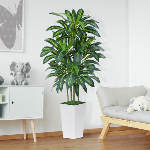 Keeplush Kunstpflanze Dracaena Pflanze 180cm mit Weißem Pflanzgefäß, Künstliche Pflanzen groß wie echt mit 108 Blätter, Kunstbaum groß für Innendekor Wohnzimmer Schlafzimmer Büro Garten Haus Decor
