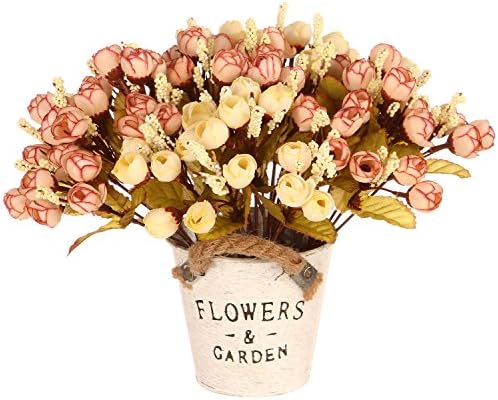 Tdvision Artificial Silk Flowers Camellia Bouquets for Home Decor Party Wedding 6 Bundles No Vase (White &amp; Champagne)