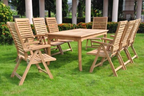 New 9 Pc Luxurious Grade-A Teak Dining Set - 71" Rectangle Table And 8 Ashley Reclining Arm Chairs #WHDSASc